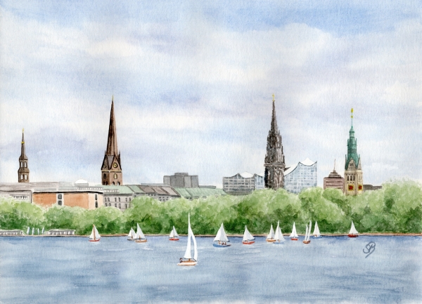Poster DIN-A3 Aquarell Maritim Kunst Druck Kunstdruck Nordsee Hamburg - Binnenalster - Kleiner Binnensee - HH1
